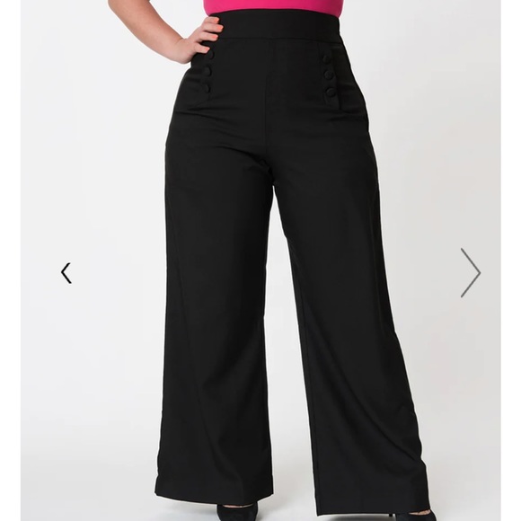 New Unique Vintage hi waist black wide leg sailor ginger pants plus - Picture 2 of 5